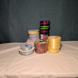 Mixed Ribbon Lot 11 Spools Satin Grosgrain Lace Wired Blue Green Yellow Fall